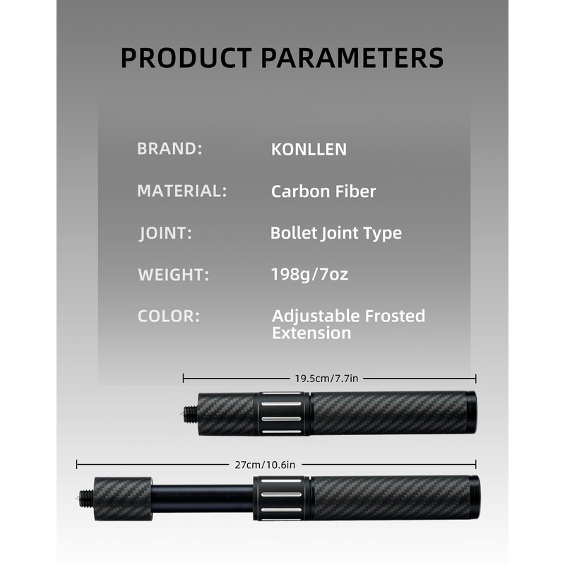 KONLLEN Threaded Carbon Fiber Pool Cue Extension with 3 Bumpers