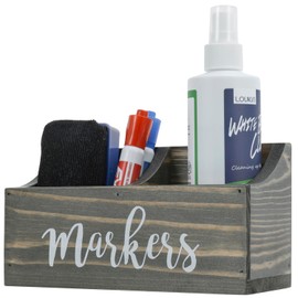 MyGift Magnetic Mount Vintage Gray Solid Wood Dry Erase Marker and Eraser Holder with 2 Compartments, Desktop Office Supplies Storage Organizer Bin with White Cursive Marker Lettering
