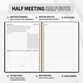 SUNEE Half Meeting Half Note - 7.5"x10" Professional Notebooks for Work - 160 Pages, B5 Size Project Planner, Spiral Meeting Agenda/Minutes Organizer for Women Men, Note Taking, Office & Business