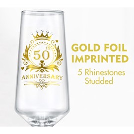 ROXBURGH 50th Wedding Anniversary Champagne Flutes Present Rhinestones Studded, 50th Anniversary Decorations 7 OZ Crystal Champagne Glasses Set of 2, Wedding Present, Couples