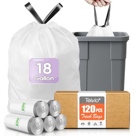 Drawstring Trash Bags-18 Gallon 120 Counts (fit 16-18 Gal) Large Strong Tall Kitchen Trash Bags by Teivio Garbage Bags for Home/Office/Light Residential Waste/Outdoor Trash Can, Lawn Bag White