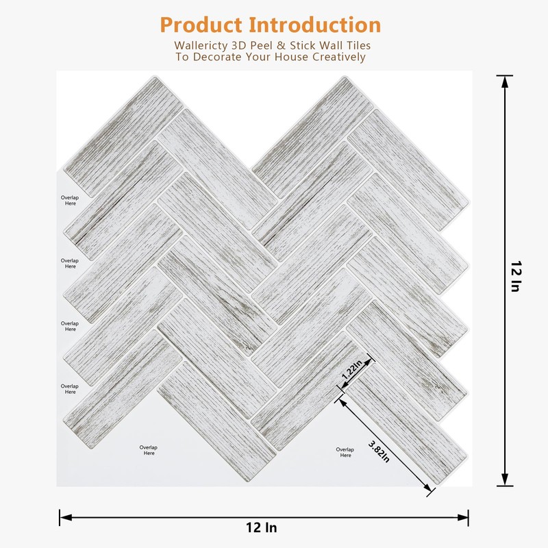 Wallercity Gray Herringbone Marble Peel and Stick Backsplash 10-Sheets Marble