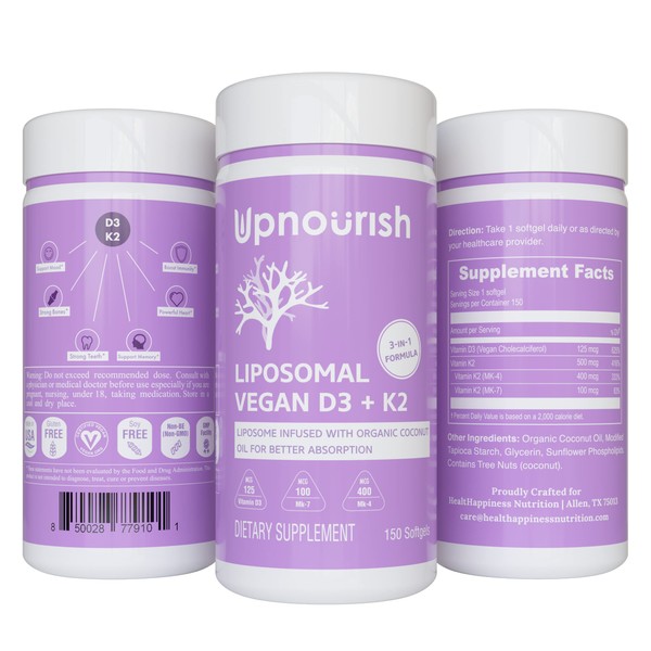 UpNourish Certified Vegan Vitamin D3 5000 IU K2 MK4 MK7 500 mcg Supplement, 150 Softgels, Plant Based Liposomal Vitamin D K with Organic Coconut Oil, Non GMO, Gluten and Gelatin Free