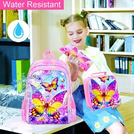 3PCS Butterfly Backpack for Girls, 16'' Kids Preschool Bookbag with Lunch Box, Cute Animal Water ResistantSchool Bag Set for Elementary Kindergarten Travel