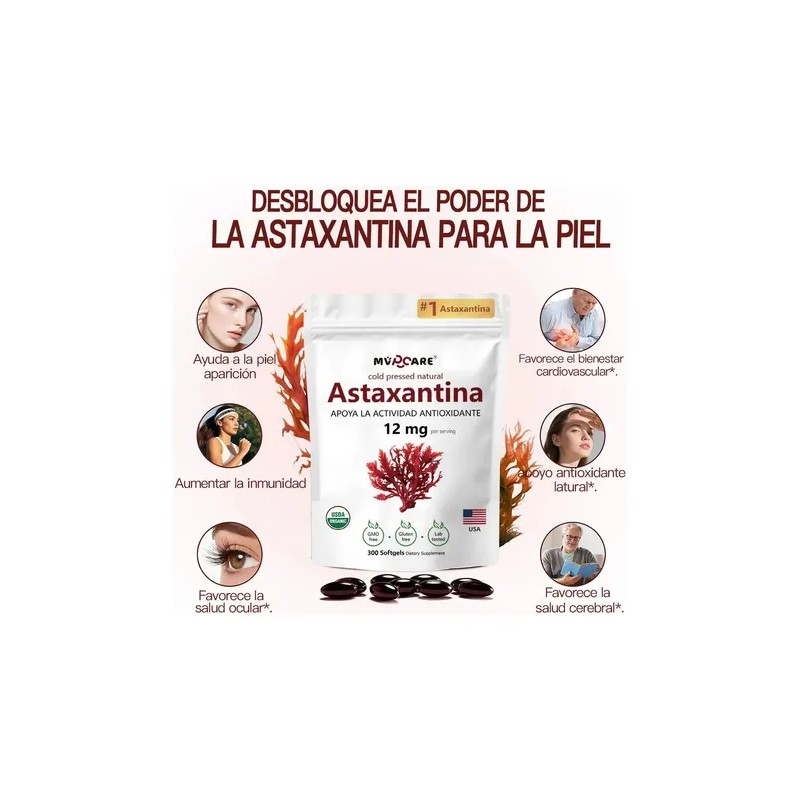 Astaxantina 12mg 300 Cápsulas Blandas Antioxidante Sin Sabor