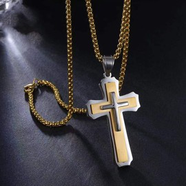 Fashion Polished Diverse Christian Men and Women Religious Cross Pendant Necklace Stainless Steel 24 Inch Chain Gold