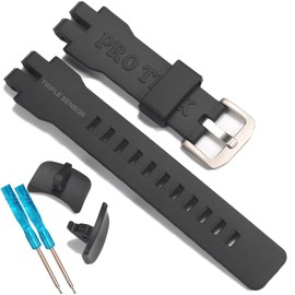 Resin Strap Replacement for Casio Protrek PRG-300 PRW-6000 PRW-6100 With Connector, PRW-3000 PRW-3100 Watch Band for Men and Women (Black strap silvery buckle)