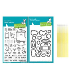 Lawn Fawn Stamp Set Bundle Treat Cart Stamp Set - Photopolymer Clear Stamps with Coordinating Custom Craft Die Cuts - with Trebbies Detail Sticks