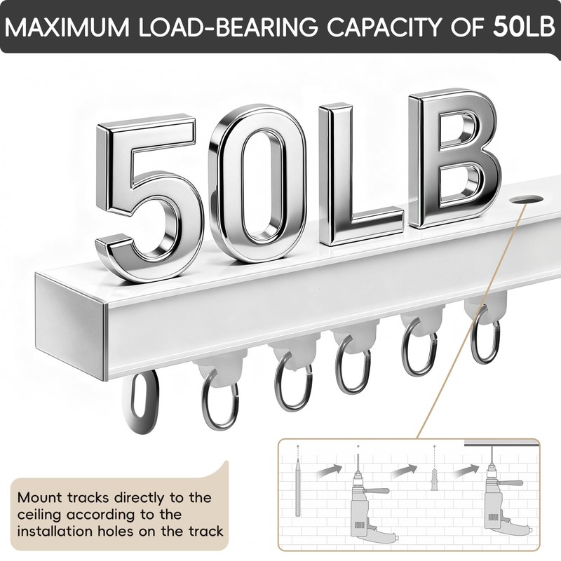 Ceiling Curtain Track, Curtain Track with Roller Hooks, 6ft -