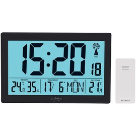 infactory Funkwecker: XL-Funkuhr mit Doppel-Wecker, Thermo-/Hygrometer, Tag, Datum, schwarz (XXL Wanduhr, Funkwanduhr Digital, Digitale Wetterstation)