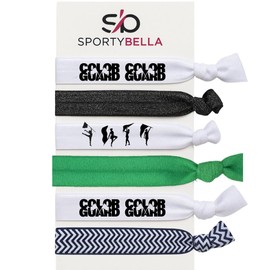 SportyBella Color Guard Hair Tie Set – 6pc No-Crease Hair Accessories with Silhouette & Logo Bands – White, Green, Black, Chevron