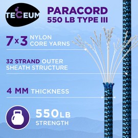 TECEUM Utility Paracord Blue Snake – 100 ft– 4mm – Heavy Duty – Tent Cord – Outdoor Сamping Rope –Camping Hiking Gear and Equipment – EDC Cord – Strong Survival 0111b