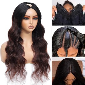 NZINZI Ombre V Part Wig Human Hair Body Wave Brown Wig Upgrade U Part Human Hair Wig with Clips Glueless Wigs Human Hair Clip in Half Wigs No Leave Out Highlight Wig Human Hair 180% Density 20 inch