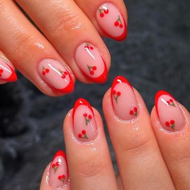 ROFIBUT Red French Tip Press on Nails Almond Short Fake Nails Cute Nude Pink Full Cover Glue on Nails with Red Cherry Glossy Artificial Stick on Nails Reusable Acrylic False Nail for Women Girls 24Pcs