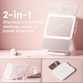 7X/5X/1X Lighted Makeup Mirror with Magnification, 360° Rotation & Detachable Travel Makeup Mirrors with Lights, Trifold Light Up Mirror with 3 Lights Colors, Portable Magnifying Mirrors for Desk