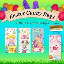 Lodeihoo 50 PCS Easter Cellophane Bags, 4 Styles Easter Candy Gift Bags with 50 PcsTwisted Ties for Snacks Cookies Candy Packing, Easter Party Favor Supplies