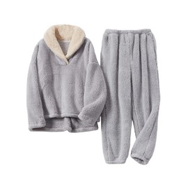 Tanming Womens Fluffy Pajamas Set Fleece Pullover Pants Plush Loungewear Sleepwear (Grey-XL)