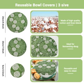 Reusable Bowl Covers for Bread Proofing - Botanical Embroidery Linen Cotton for 3 Size Cloth Fabric Covers Sourdough Covers - Elastic Cover for Bread Food Fruit and Salad (Green)