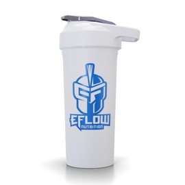 eFlow Nutrition Leak Proof Shaker Cup with Strainer - Easily Blend Supplement Powders - Portable Handheld Pre Workout Protein Drink mixing Bottle for Gym, Travel and Work (Matte White/Blue)