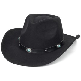 Classic Felt Wide Brim Western Cowboy & Cowgirl Hat with Buckle for Women and Men(Size:M) (US, Alpha, Medium, Large, Black with Turquoise)