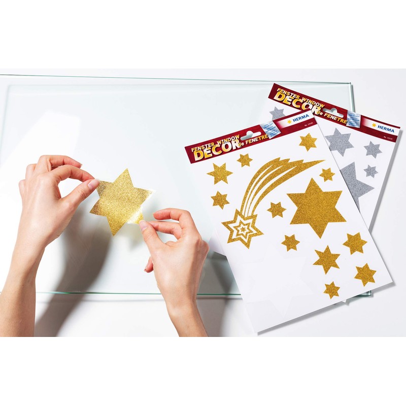 HERMA 45 Christmas Silver Star Stickers for Windows with Glitter