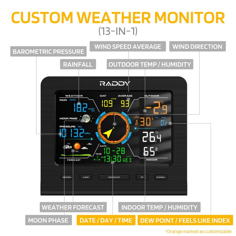 Raddy WF-100C Lite Weather Station Wireless Indoor Outdoor with Temperature,