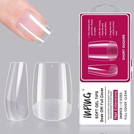 INPING Short Nail Tips, 240PCS Short Square Clear Soft Nail Tips Half Full Cover Nail Extensions Break Resistant Pre-Shaped Acrylic False Nails for Women Home DIY French Manicure Kit, 12 SIZES