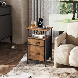 WLIVE Nightstand with Charging Station, End Table with 2 Fabric Drawers for Storage, Small Bedroom Dresser, Side Table for living room, 2 USB Ports and 2 Outlets, Easy Assembly, Rustic Brown