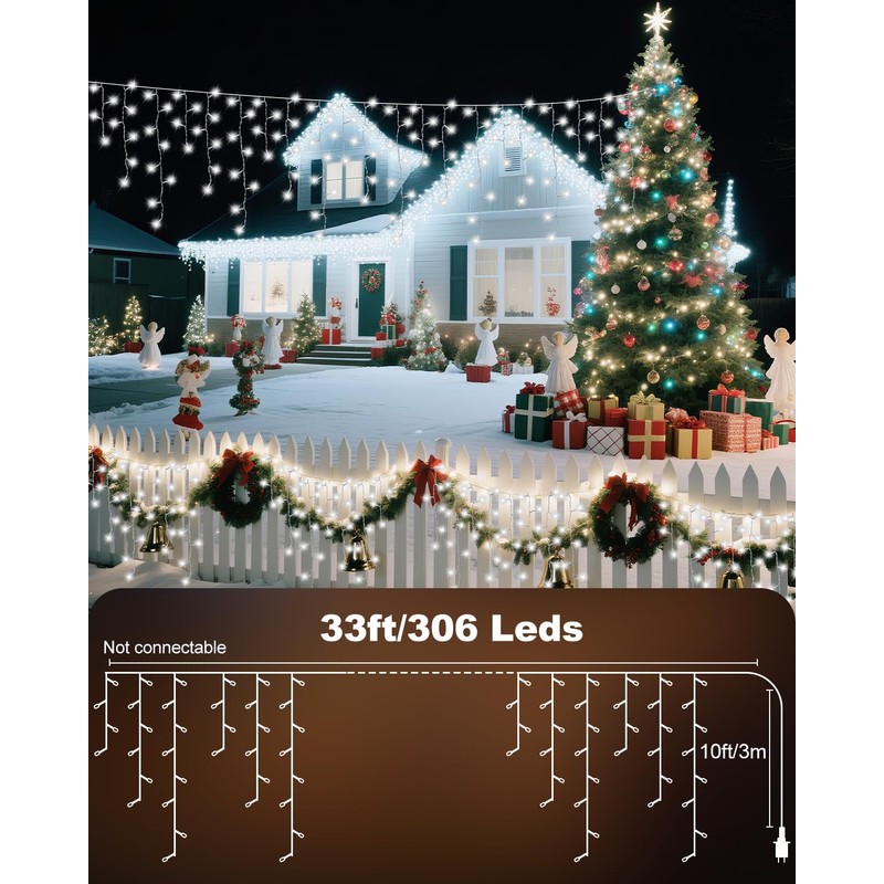 Vynoblip Christmas Icicle Lights Outdoor,8 Modes Indoor Decor String Lights
