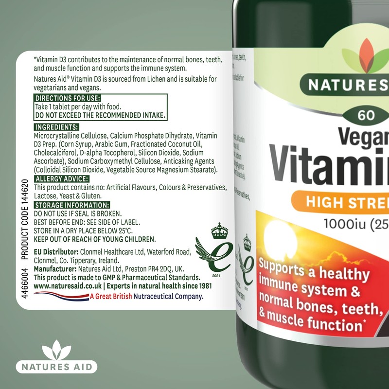 Natures Aid Vegan Vitamin D3 Tablets, 1000 iu, Count 60