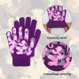 Evridwear Girls Magic Stretch Gripper Winter Gloves, Kids Gloves Warm One Size 3 Pair Pack Assortment (3 Pairs Camo, 6-8Years)