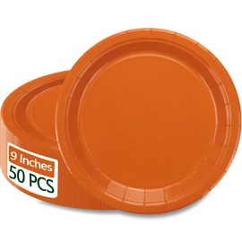 50 platos de papel naranja – Plato de cena desechable redondo de 9 pulgadas para Halloween, baby shower, suministros de fiesta de cumpleaños naranja