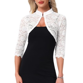 Allegra K Elegant Lace Bolero Shrug for Women 3/4 Sleeve Stand Collar Sheer Floral Lace Cardigan Top Medium White