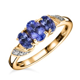 TJC Tanzanite Three Stone Ring for Women in 14ct Gold Overlay 925 Sterling Silver Forever Together Size Q Blue Coloured December Birthstone