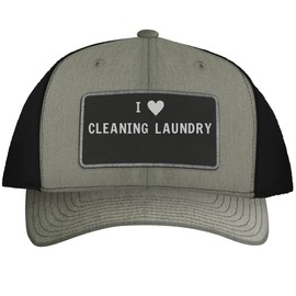 I Heart Love Cleaning Laundry - Leather Black Patch Engraved Trucker Hat, Hearther-Black, One Size