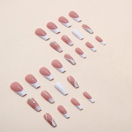 Coffin Fake Nails French Tip Press on Nails Medium False Nails Silver White Wave Acrylic Nails with Rhinestone Designs Full Cover Glossy Stick on Nails White Pink Glue on Nails for Women Girls 24Pcs