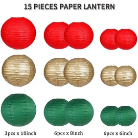 15 Pieces Green Red Gold Paper Lanterns - Green Red Gold Party Decorations 6" 8" 10" Green Red Gold Hanging Lanterns Green Red Gold Round Table Centerpieces for Wedding Christmas Engagement Decor