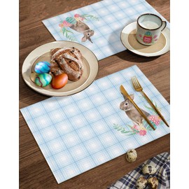 Easter Placemats for Dining Table Watercolor Bunny Eggs Cotton and Linen Table Mats Light Blue White Plaid Heat Resistant Non-Slip Washable Tablemats, Set of 6