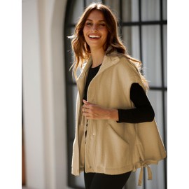 Gozoloma Women's Oversized Fleece Vest Sleeveless Casual Button Down Piecing Fuzzy Sherpa Gilet Jacket with Pockets(0736-Khaki-XL)