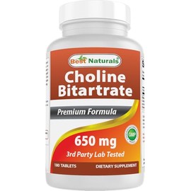 BEST NATURALS Bitartrato de Colina 650 mg - 180 Tabletas - Suplemento Alimenticio con Choline Bitartrate - Fórmula Premium Probada en Laboratorio     