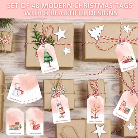 Christmas Gift Tags with String Attached – 48PCS Holiday Name Tags for Presents, 8 Cute Watercolor Designs + 10.5 Yards Twine– Gift Tags for Christmas Presents, Box, Bags, Cards, Crafts