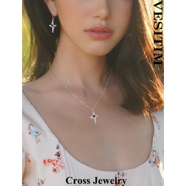 Vesitim Cross Earrings Rose Flower Earring Religious Jewelry for Women, Sterling Silver, 09-sapphire-sept