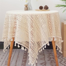 FMIYJUN Square Crochet Doilies Beige Tablecloth Cotton Vintage Lace Table Cloth Kitchen Bohemian Tablecloths for Party Banquet Dining Room Wedding Decorations