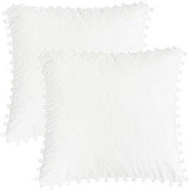 PiccoCasa Velvet Pillow Covers,2 Pom Pom Throw Pillow Cover, Square Solid Soft Cushion Covers for Sofa Couch Bedroom Car White 45 X45cm