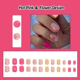 ANDGING Nude Pink Press on Nails Short Medium Square Fake Nails for Women Girls with Flower Design Glue on Nails Acrylic Coffin False Nails Full Cover Manicure Gel Stick on Nails for Wedding 24Pcs