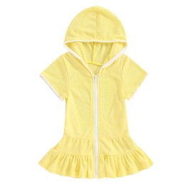 Toddler Girl Swim Cover Up Dress Short/Long Sleeve Zip Up Hooded Bating Towel Beachwear Cute Terry Bathrobe Swimwear (B-Yellow, 1-2 Years)