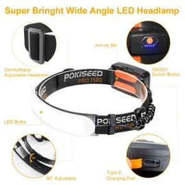 LED Headlamp Rechargeable, Super Bright 1500 Lumens 230° Wide Beam Headlamp, 3 Modes IPX6 Waterproof Lightweight Head Light with Taillight & Clips for Camping, Running,Fishing, Outdoors, Hard Hat Work