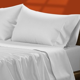 TEXAS LINEN CO. Luxury Egyptian Cotton Queen Stripe Sheet Set, 600 Thread Count Extra Long Staple 4 PC Set, Queen White Damask Sheets, Soft, Cooling Sateen Weave Sheets Upto 18 in Deep Pocket