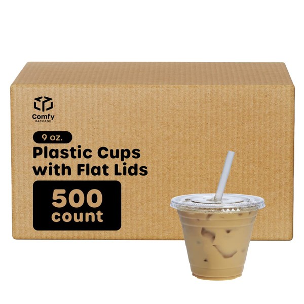Comfy Package [Case of 500 9 oz. Crystal Clear Plastic Cups With Flat Lids