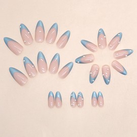 Blue French Tip Press on Nails Medium Almond Shaped False Nail Artificial Acrylic Pearl Design French Fake Nail 24Pcs Full Cover Glossy Reusable Coffin Glue on Nails for Women